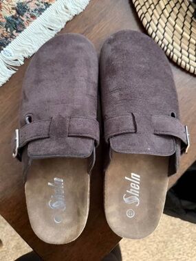 SHEIN Brown Suede Buckle Slide Mules
